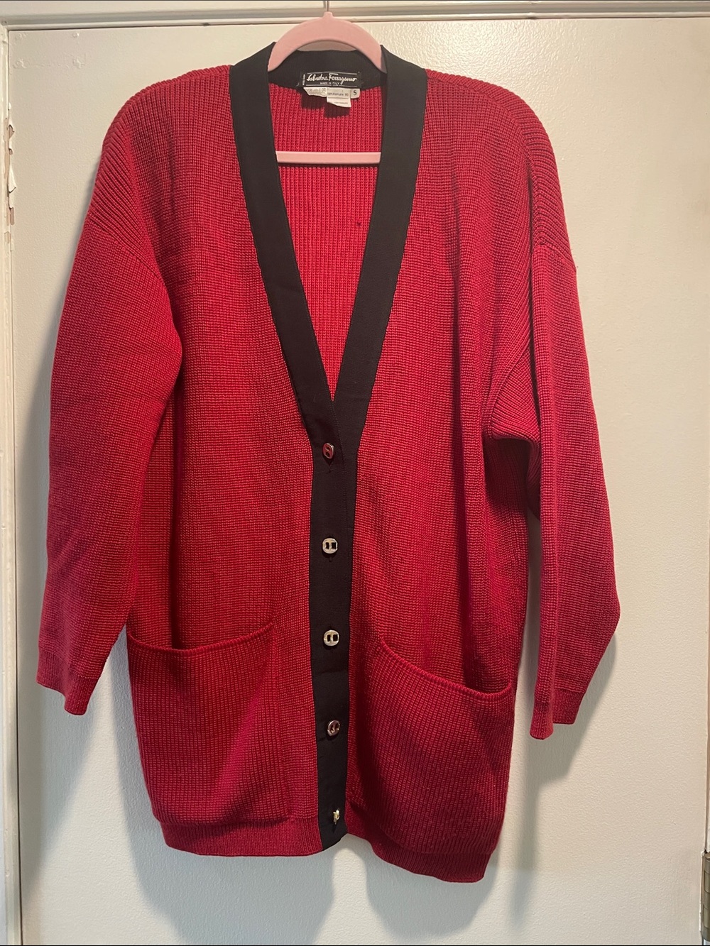 Salvatore Ferragamo Brick Red Black Trim Beautiful Buttons Wide Pockets Cardigan